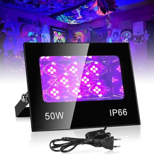 VAYALT 50 W LED svart ljus, kraftfull UV-strålkastare, IP66 vattentätt UV-ljus, 395–405 nm UV-lampa med strömbrytare för julfest, nattlampa, neonfest, halloween, svart ljusfest