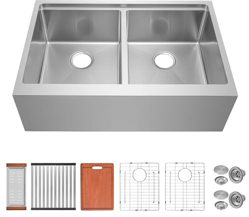 Kitsitchen Farmhouse Kitchen Sink 33 x 22, 16-Gauge SUS304 Stainless Steel Farm Sink, 50/50 Double Bowl Workstation Sinks with Accessories, 33 Inch Large and Deep Undermount Kitchen Sinks