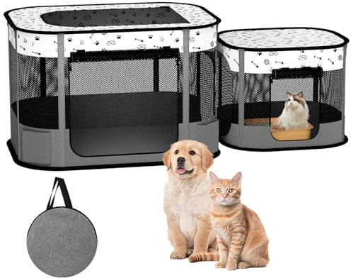 DESELL Portable Cat Playpen, 8-Rod Reinforced Kitten Dog Puppy Playpens, Foldable Play Pen for Indoor Cats Enclosed Pet Kitty Doggy Outdoor, Collapsible Tent Kennel Cage Corral