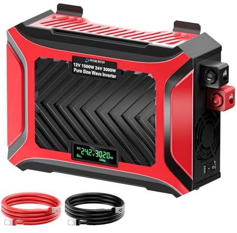 1500W/3000W Convertisseur Universel 12V/24V vers 220V, Onduleur à Onde Sinusoïdale Pure 3000W/6000W en Puissance de crête, avec Système de Détection Intelligent, écran LCD et 2 Prises EU