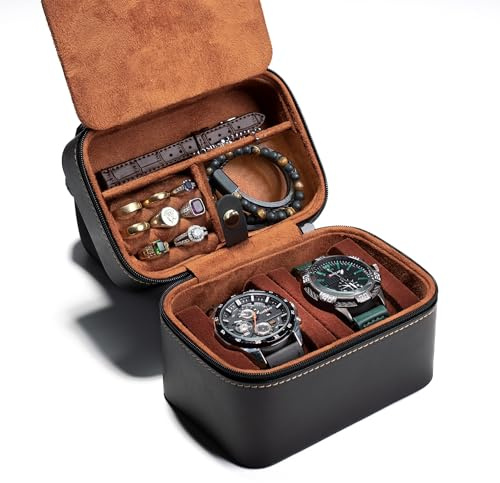 AUKURA Boîte de rangement pour montres de voyage à 2 emplacements en cuir rigide pour montres jusqu'à 52 mm, avec insert pour accessoires. (Noir, 2 emplacements)