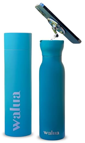 Termo Walua 600 ml con Soporte Magnético para Móvil – Compatible con iPhone y Android – Botella Térmica Acero Inoxidable Doble Pared 48h Frío / 24h Calor – Negro Mate/Aguamarina