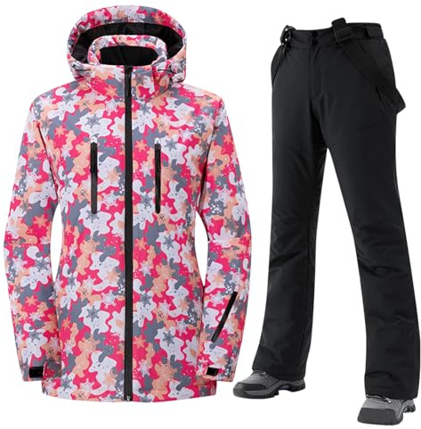 Combinaison de Ski Femme, Veste Manches Longues et Pantalon-Coupe-Vent-Imperméable pour Alpinisme Ski avec 2 Poches Avant et Fermeture éclair Ensembles de Neige Veste pour Femme-Hiver Chaud Tenue