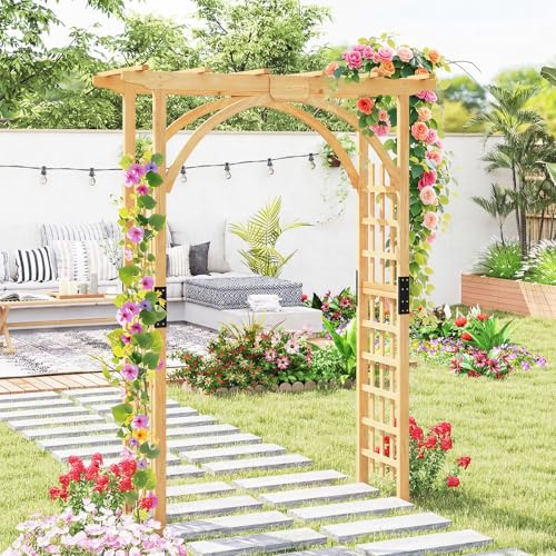 COSTWAY Arco de Madera para Exterior, Enrejado de Arco de Jardín de Madera Maciza Natural para Plantas Trepadoras, Arco de Pérgola de Madera, Elegante Soporte de Telón de Fondo para Boda (Blanco)