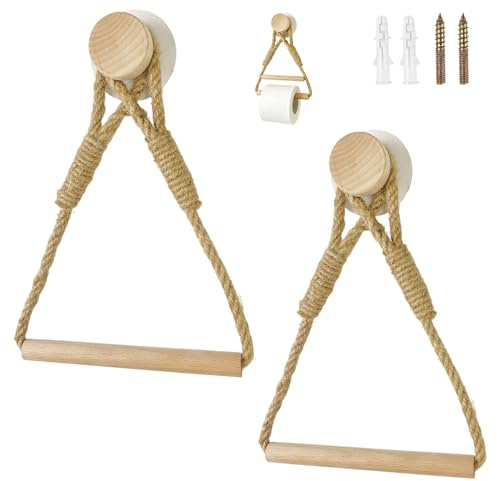 2 pezzi porta rotolo carta igienica da parete in legno, srotolatore carta igienica adesiva, supporto rotolo carta igienica da parete, corda in legno, anello di tovagliolo rustico, per bagno e cucina