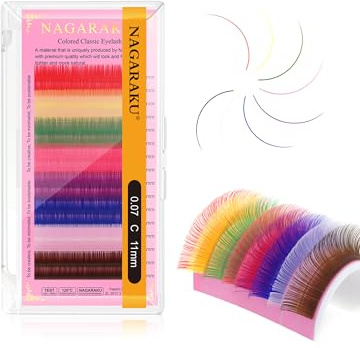 NAGARAKU Bunte Einzelwimpern 1:1 Wimpern 8 gemischte Regenbogenfarben Klassische Wimpernverlängerung Farbige Wimpern Lashes 16 Reihen Coloured Individual Eyelashes Supplies(0.07 C Curl 11mm)