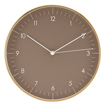 LUUK LIFESTYLE Klassische Quarz Wanduhr mit leisem Uhrwerk, minimalistisches und nordisches Design, Geschenk und Deko für Wohnzimmer, Küche, Esszimmer, in Braun und Gold