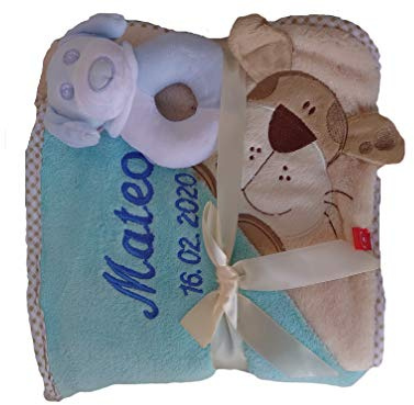 Baby Kapuzentuch Hund mit Namen bestickt Rassel Hund blau Geschenk Taufe Geburt Kapuzenhandtuch Handtuch Badetuch Kinder
