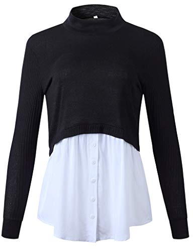 JAGETRADE Mujeres 2 en 1 Patchwork Pullover Top Acanalado Suéter de Manga Larga Dobladillo de Camisa en Capas