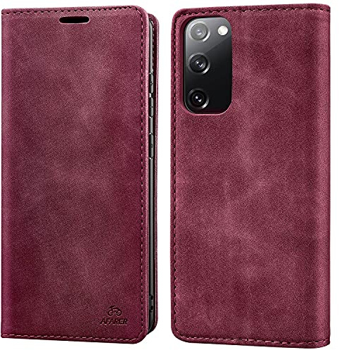 AFARER Handyhülle für Samsung Galaxy S20 FE, mit Magnetverschluss klapphülle, Brieftasche Klappbar Ledertasche Leather Wallet case Stoßfest Schutz mit Kartenhalter,Klappständer Ständer - Rot