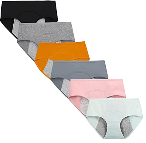 Kissecret Teenager-Mädchen Menstruationsunterwäsche aus Baumwolle Packung mit 6 Stück atmungsaktiven, stark fließenden auslaufsicheren Höschen