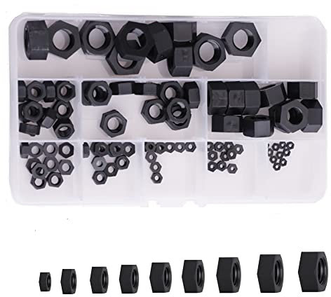 CONPHERON Dado in Nylon, 90 Pezzi, M2-M12, Dadi Esagonali in Plastica, Set di Dadi Esagonali (Nero)