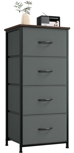 Somdot Kommode mit Schubladen, Schlafzimmer, 4 Schubladen, Kohlegrau | Schmale Kommode, Komodenschrank, Wohnzimmer, Stoffschubladen, Metallrahmen, Holzwerkstoffplatte, 30T x 42B x 93H cm