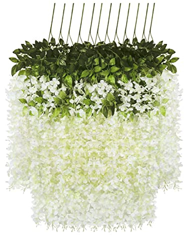 Jewlri 12 Stück Künstliche Blumen Glyzinie Fake Blauregen Girlande Blumengirlande Hängende Seidenblumen für Heimdekoration Hochzeiten Hause Garten Party Weiß