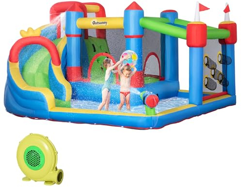 Outsunny Bouncy Castle, 6-in-1 Kids Inflatable Bounce House, Kids Inflatable Jumping Castle with Water Slide, Water Gun, Climbing Wall, Air Blower for Indoors/Outdoors, 3.9 x 3 x 2m