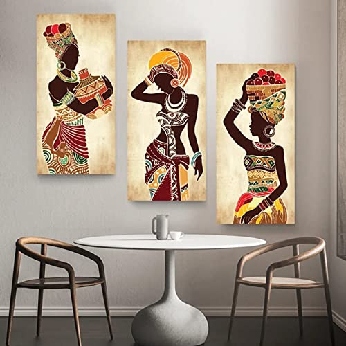 Mujer negra africana Cuadro sobre lienzo para pared Póster de arte étnico para la decoración de la sala de estar Conjunto de cuadros decorativos para el hogar 40x80cm (15.7x31.5in) x3 sin marco