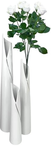GlasArt Blumenvase Vase Pure White Schlank weiß schlicht edel 30-50cm hoch, Wohnzimmer Fensterbank, Keramik (50x9 cm)
