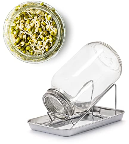 BigDean Sprossenglas Keimglas Set 1000ml - mit Edelstahl-Gitterdeckel + Ständer - Sprossen Keimgerät - Anzucht-Set von Sprossen & Keimlingen