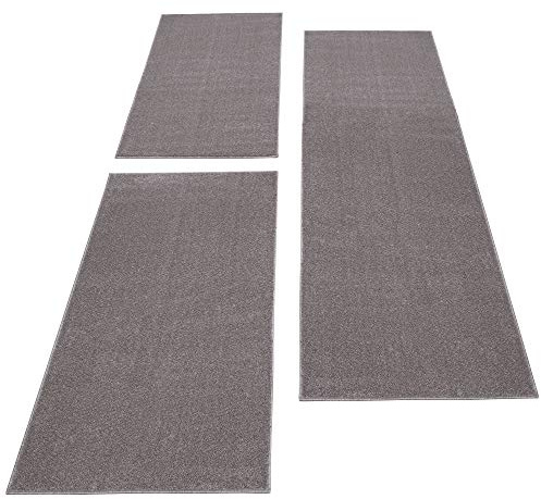Carpettex Bettumrandung Schlafzimmer 3teilig Kurzflor Teppich Einfarbig Design Beige Bettset:2 mal 60x100 + 1 mal 80x250 - Bettvorleger Schlafzimmer Läufer Set Weicher Bettumrandung Teppich