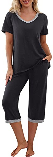 PrinStory Conjunto de Pijama para Mujer Camiseta de Manga Corta y Pantalones Capri Ropa de Estar por Casa Ropa de Dormir Conjuntos de Pijama con Bolsillos, gris oscuro, L