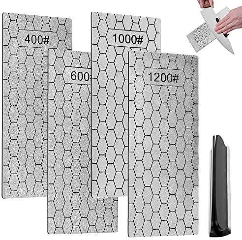 4pcs Piedras de Afilar de Diamante Profesionales, Grano 400/600/1000/1200 Piedra de Afilar Cuchillos Panal con Base Antideslizante, con Base Antideslizante/portacuchillos de plástico