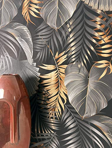 NEWROOM Papier peint Noir Jungle Intissé - Moderne Or Gris Palmiers Feuilles Tropical