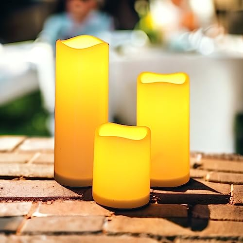 MIJOMA Set di 3 candele LED per esterni, avorio, 3 pezzi, 7,5 x 10 cm, 7,5 x 15 cm, 7,5 x 20 cm, luce bianca calda, timer da 6 ore, funzionamento a batteria, per esterni, giardino, balcone, terrazza