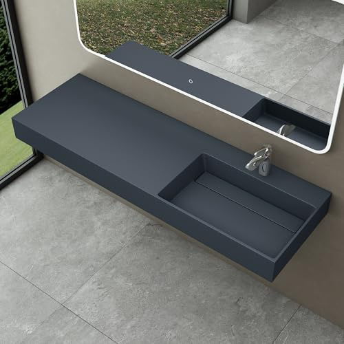 doporro Lavabo da Appoggio o Sospeso Rettangolare 150x48x13 cm per Bagno | Lavandino per Bagno in Marmo Resina, Colore Antracite, Finitura Opaca, Foro per Rubinetto, Piletta di Scarico Inclusa
