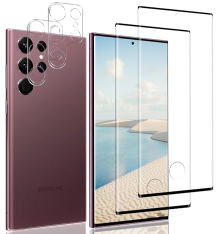 Protector Pantalla Completa Samsung Galaxy S22 Ultra, Cristal Templado, Sin Burbujas, Dureza 9H, Sensible al Tacto, Anti-rasguños, 2 Pack Vidrio Templado y 2 Pack Protector de Lente de Cámara