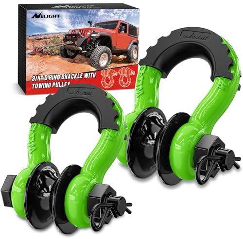 Nilight Lot de 2 manilles à anneau en D de 1,9 cm avec poulie de remorquage – 4,75 tonnes (4,309 kg) – Goupille de 2,2 cm – Manilles de récupération tout-terrain avec isolateurs de rondelle pour Jeep,