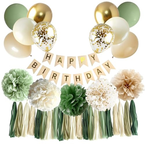 Shyhfdc Sage Green Birthday Decorations for Women Girls Boys Adults, Boho Birthday Decorations with Gold Green Balloons Banner Pompoms Paper Tassel