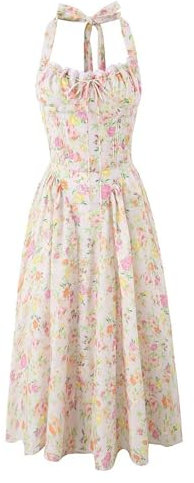 Sommer Neckholder Damen Temperament Taille Lang Swing Urlaubskleid - Foundation Flower 7213-S