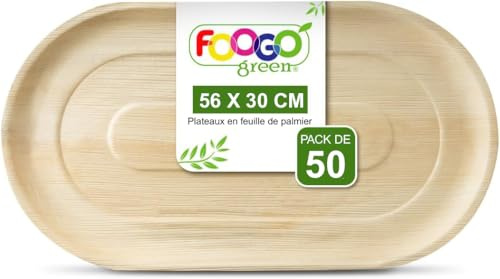 FOOGO Green 50 Bandejas Desechables de Hoja de Palma, Grande Ovalada 56x30 cm, Pizza, Entrantes, Canapés, Charcutería, Resistentes Como las Bandejas de Madera para Comida Caliente y Aperitivos