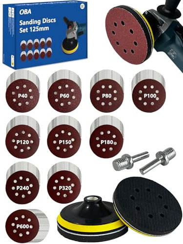 OBA 100 Stück Schleifscheiben Sets 125mm Klett für Winkelschleifer und Exzenterschleifer + 2 M14 Schleiftellers + 2 Schaftmit, Schleifpapier 8 Loch für Holz Metall und Farbe