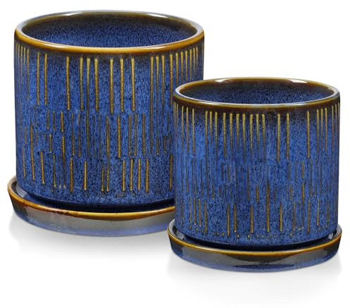 Arborus 2 STK Blumentopf Keramik Blau Übertopf 10+12 cm Pflanztopf | Blumentöpfe mit Untersetzern Pflanzenkübel Blumenkübel für Zimmerpflanzen Lavendel Tomaten Monstera Innen Balkon Deko