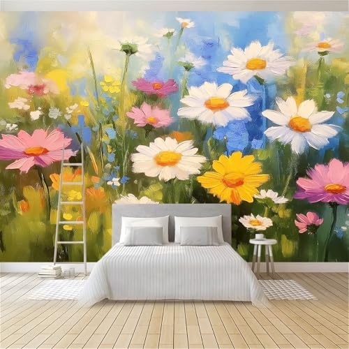 Murales Papel Pintado Salon Pintura Al Óleo Margaritas Flores Silvestres 250 x 175 cm Fotomurales 3D Tejido No Tejido Papel Tapiz Fotográfico Decorativos Murales Dormitorio Oficina Hotel