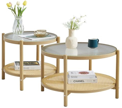 COSVALVE Boho Rattan Coffee Table Set of 2, Round Glass Metal Center Table