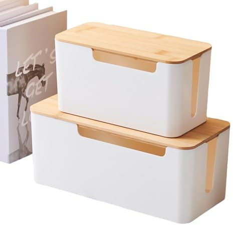 Générique Cord Management Box Set, 2 x Cable Organizer with Wood Lid, Home Decoration Organizer for Hiding TV Wires, Data Cables, Computer Routers, USB Hubs, Clean and Tidy Cable Management Solution