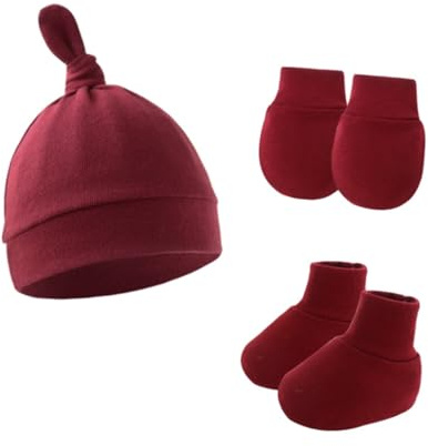 Amateschitz nyfödda mössor handskar strumpor set spädbarn Musse hatt mössor mössa unisex babymössa vantar och skoset för baby pojkar flickor 0–6 månader, Bourgogne, one size
