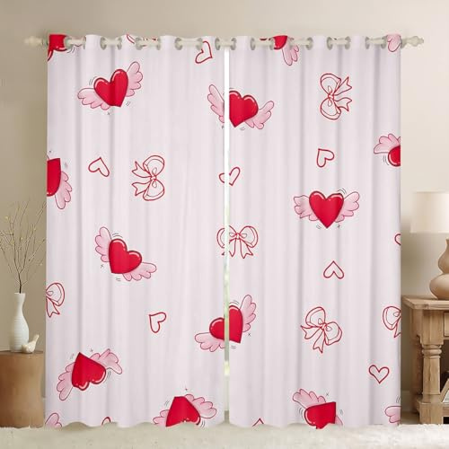 feelingyou Tende per finestre con scritta Love and Bow, a forma di cuore rosso, tende romantiche per finestre, per bambini, adolescenti, ragazzi, giovani, moderne, per camera da letto, 116 x 137 cm