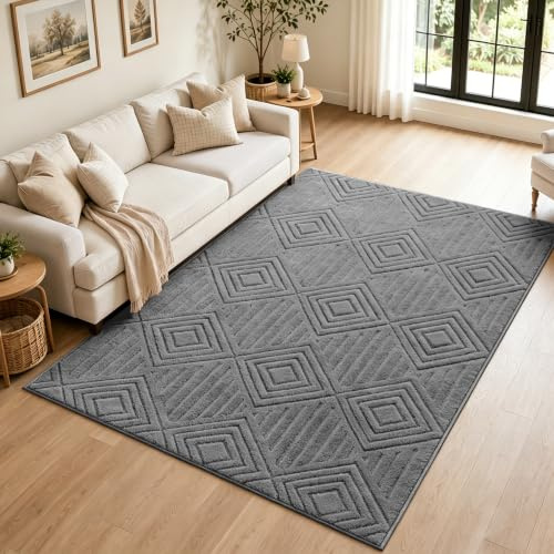 Capslapd Washable Rugs Living Room 120x180cm Non-Slip Fluffy Geometric Rug High Low Effect Modern Design Carpet High Pile Bedside Area Rug for Bedroom Dining Room Home Office Lounge Decor, Grey