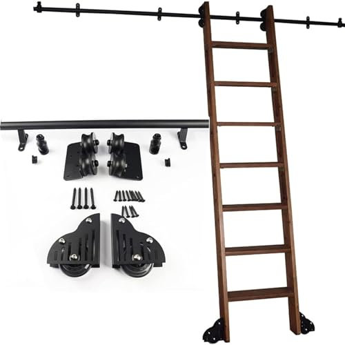 Pounjsd Rails d'échelle Mobiles Ronds en Acier Noir avec Roues à roulettes - Matériel D'échelle Coulissante for Bibliothèque, pour La Maison, Le Bureau Ou La Grange De Bibliothèque (sans échelle)