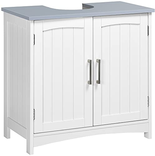 kleankin Meuble Salle de Bain sous Lavabo, Meuble sous Lavabo avec Double Portes, Étagère Réglable, 60 x 33 x 60 cm, Blanc et Gris Clair