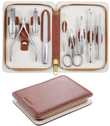 MR.GREEN 9-in-1 Manicure & Pedicure Set – Professional German Stainless Steel Nail Clippers Grooming Kit with Splash-Proof Nail Clipper & Genuine Leather Travel Case (Cognac Brown)