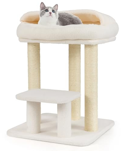 COSTWAY Árbol Rascador para Gatos, 61 cm Torre para Gato con Cómoda Cama y Manta de Peluche, 3 Postes Rascador de Sisal, Plataforma Acolchada, Árbol Gatos Pequeño, Ahorrar Espacio, Blanco
