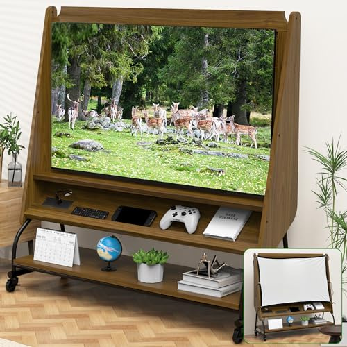 Rolling TV Stand with Mount for 32-50 TV with Projector Screen, Power Outlets, Rolling TV Cart with Adjustable Height, Solid Wood TV Stand with Storage Shelves for Bedroom Corner