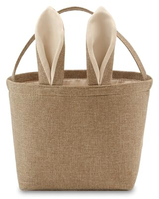 THOVSMOON Easter Bunny Basket for Kids,Cute Easter Bucket Bags with Rabbit Ears for Easter Eggs Hunting,Easter Decorations,Candy Gifts Storage (Linen)