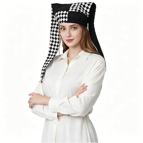 ANDHOM Jester-hatt med klockor Harlekin diamantmönster för halloween jul kostym tillbehör svartvit (S)