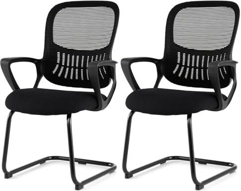 GYMAX Lot de 2 Chaise de Bureau en Maille Respirante, Chaises de Réception avec Siège Rembourré, Cadre Métal, Fauteuil Visiteur sans roulettes pour Réunion, Conférence, Salle d'Attente, Noir