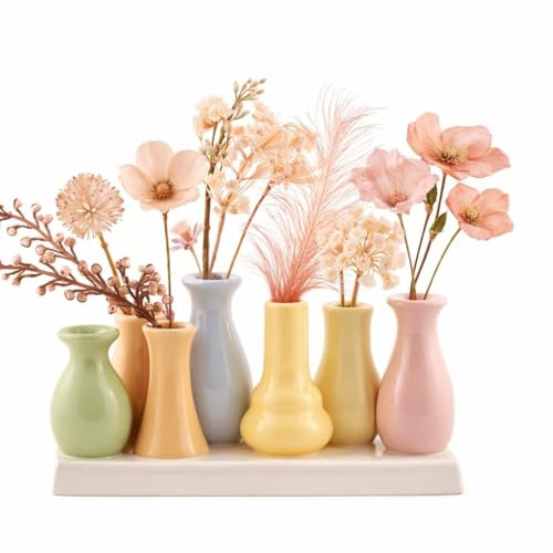Dekovase Handgefertigte kleine Keramik Deko Blumenvasen Set aus kleinen Vasen, bunt & weiß, dekorative Keramikvasen auf Sockel für Trockenblumen, hübsche Mini Vase (Vase (7er) bunt V2-20cm)